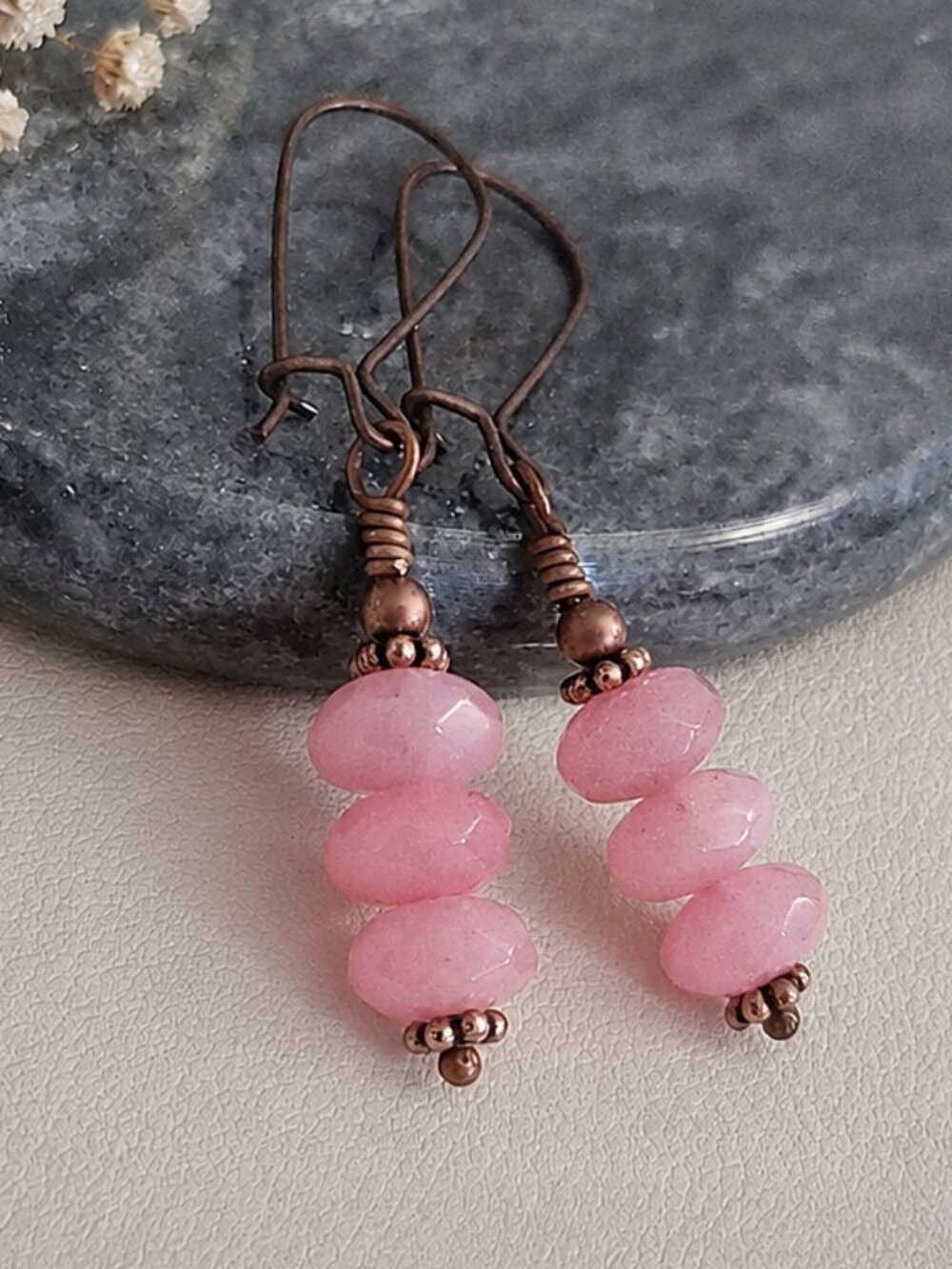 Rose Quartz Earrings Copper Dangles Pink Gemstone Boho Artisan Handmade - Picture 5 of 9